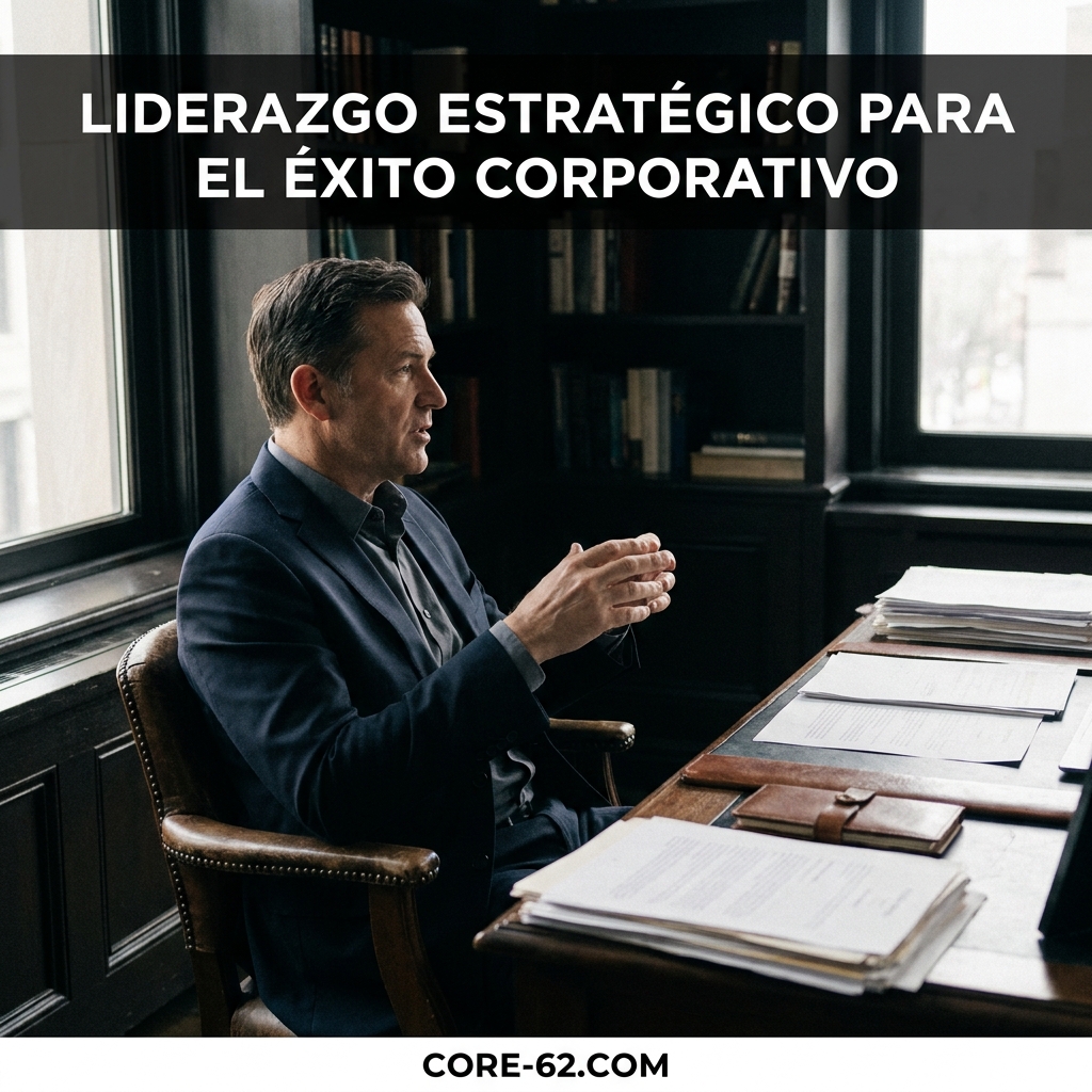 Un ejecutivo conversa en su despacho bajo el titular «Liderazgo estratégico para el éxito corporativo», junto a documentos de trabajo.