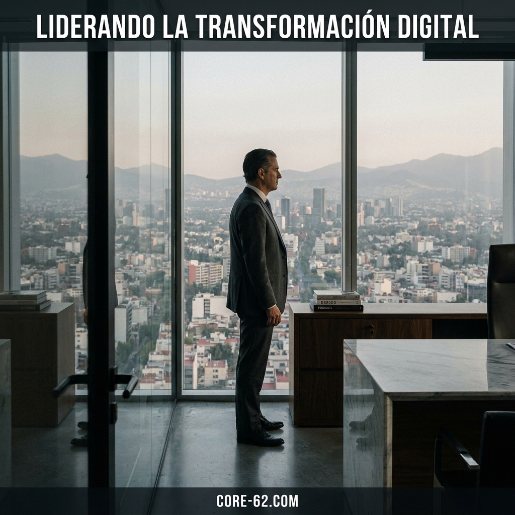 Un ejecutivo observa la ciudad desde una oficina acristalada bajo el titular «Liderando la transformación digital», símbolo de liderazgo.