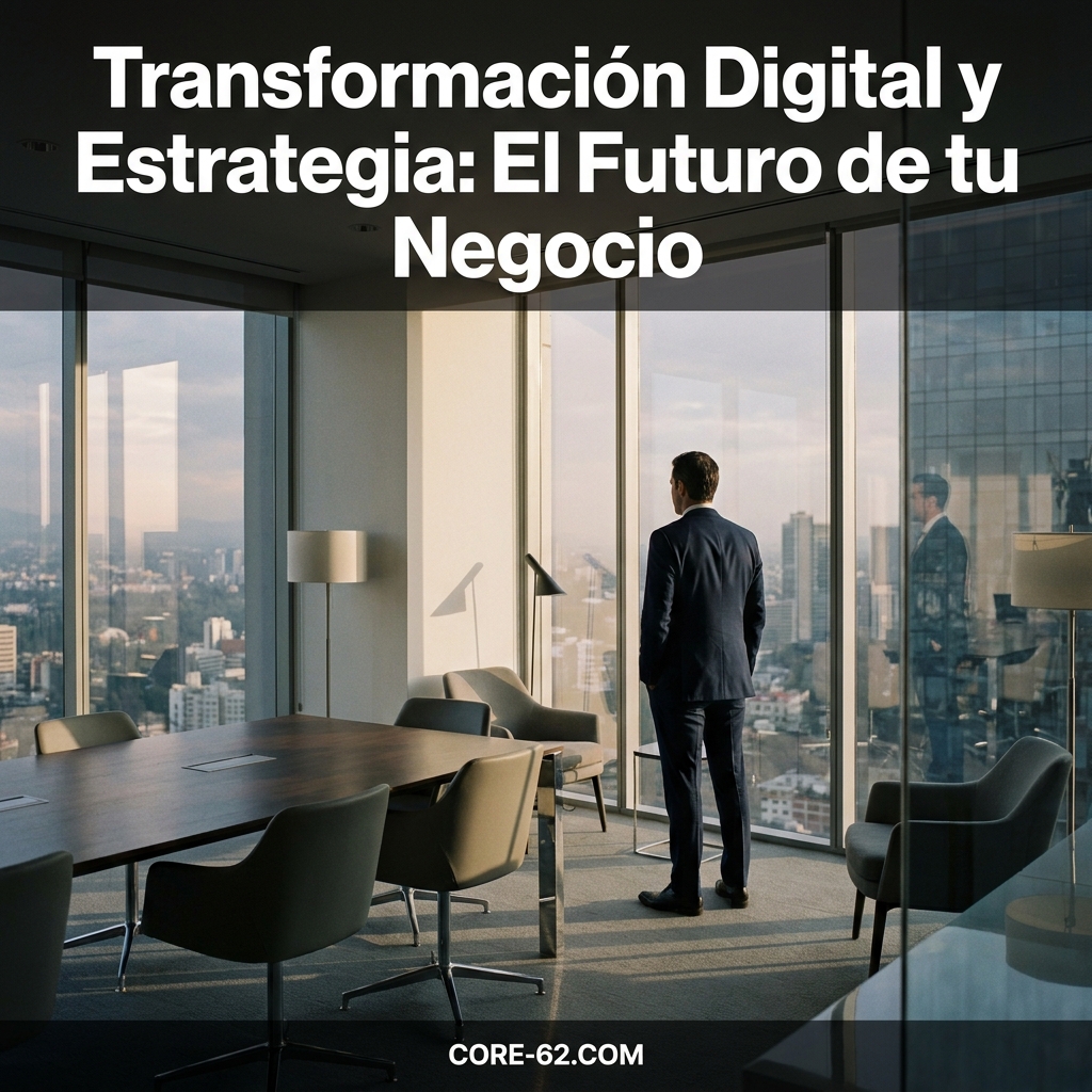 Un empresario observa la ciudad desde una sala de juntas; el titular anuncia la transformación digital y el futuro del negocio.